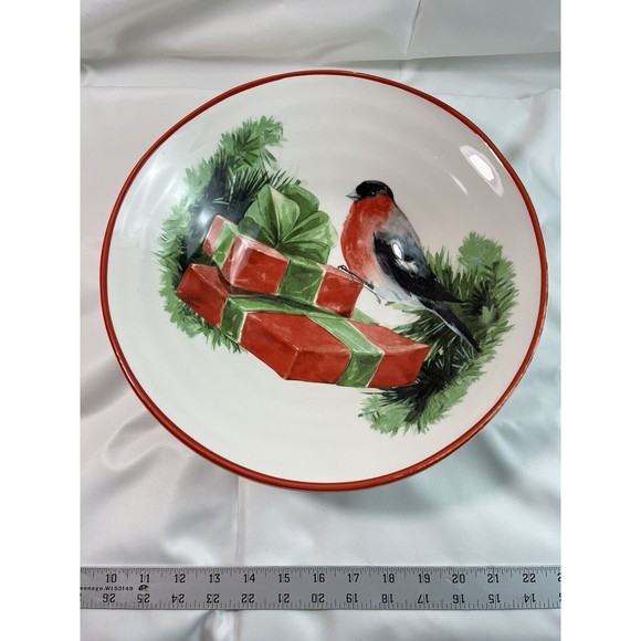 Ceramica Cuore Italy 12.5" Christmas Holiday Sparrow Serving Bowl - Red & Green - Picture 1 of 7